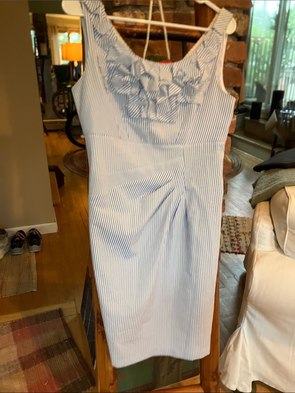 London Style Light Blue and White Striped Midi Dress with Rosette Neckline